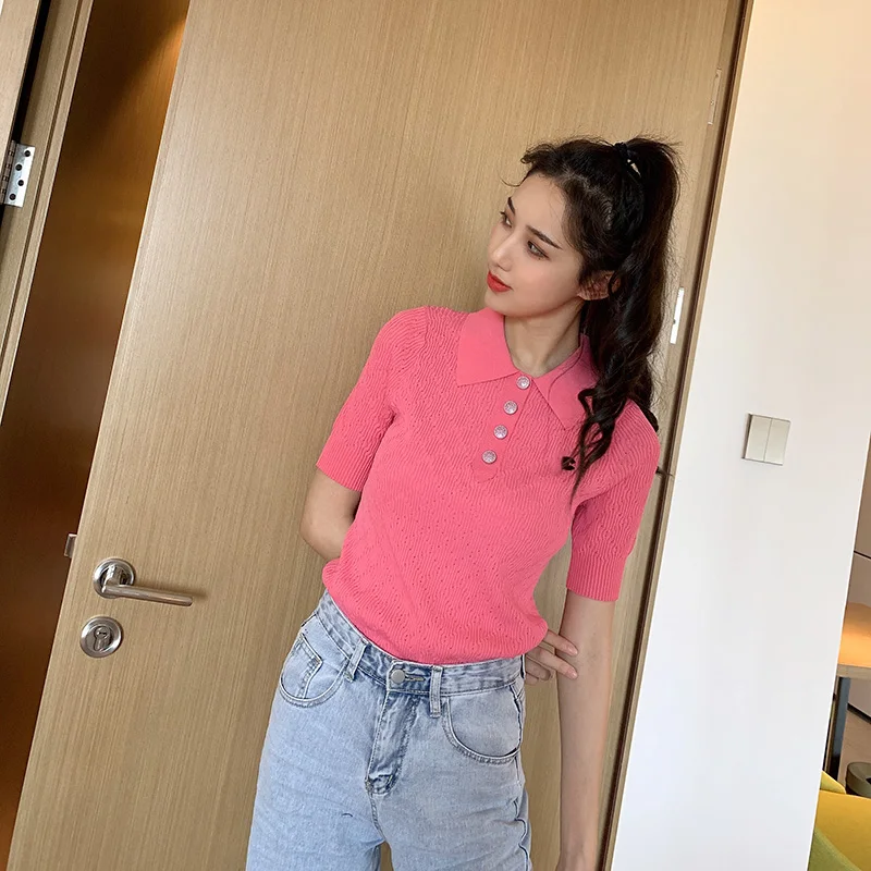

Ice silk sweater top 2021 new pink short-sleeved net red t-shirt female ins super fire solid color slim slimming