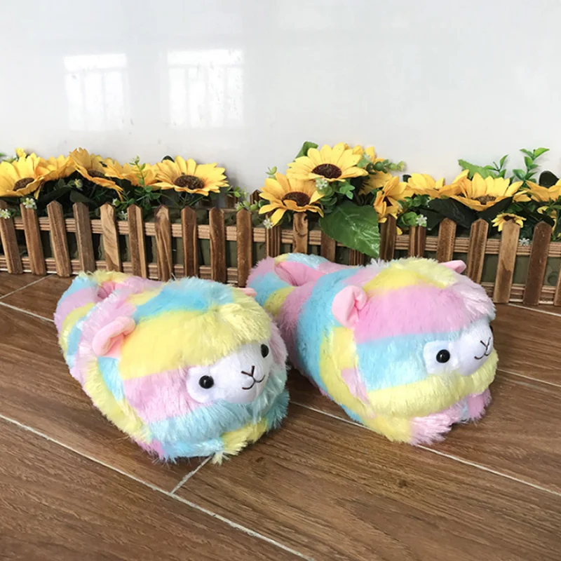 Cute fashion winter cute rainbow colorful alpaca women indoor slipper