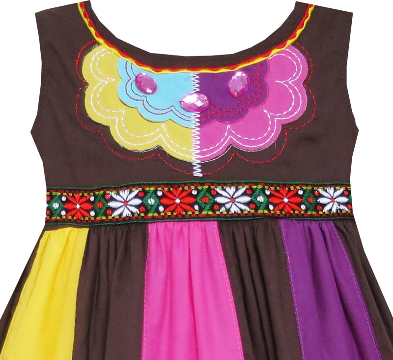 

Girls Dress Color Block Hand Made Embroidered Flower Brown Cotton 2020 Summer Princess Wedding Party Dresses Children Clothes