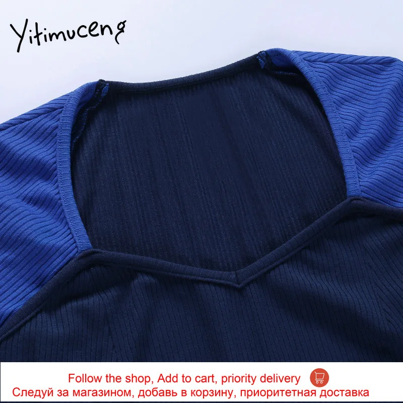 

Yitimuceng Woman Tshirts Contrast Color Blue Long Sleeve Spring Autumn Tops for Women 2021 Square Collar Sexy Spliced Tops New