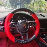 5d carbon fiber hole leather steering wheel red stitch on wrap cover fit for porsche cayenne 2015 2016