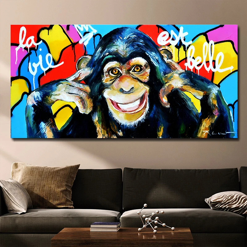 Абстрактный красочный улыбающийся обезьяна граффити классический холст масляной живописи постер и печати картины на стену для гостиной.
