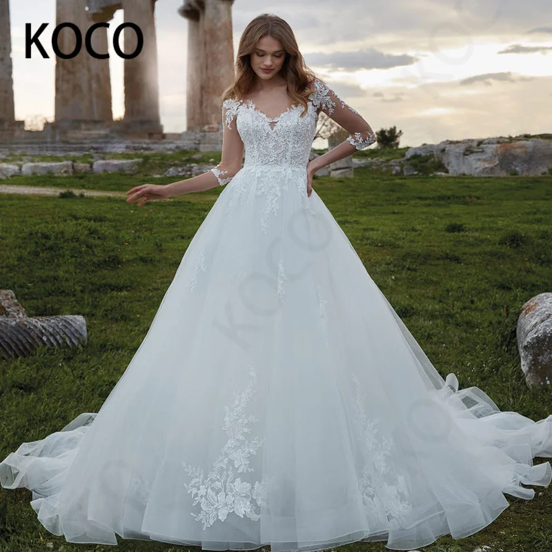 

MACDUGAL Wedding Dress 2021 Modern V-Neck Half Sleeve Tulle Beach Bridal Ball Gown Princess Appliques Vestido De Novia Civil