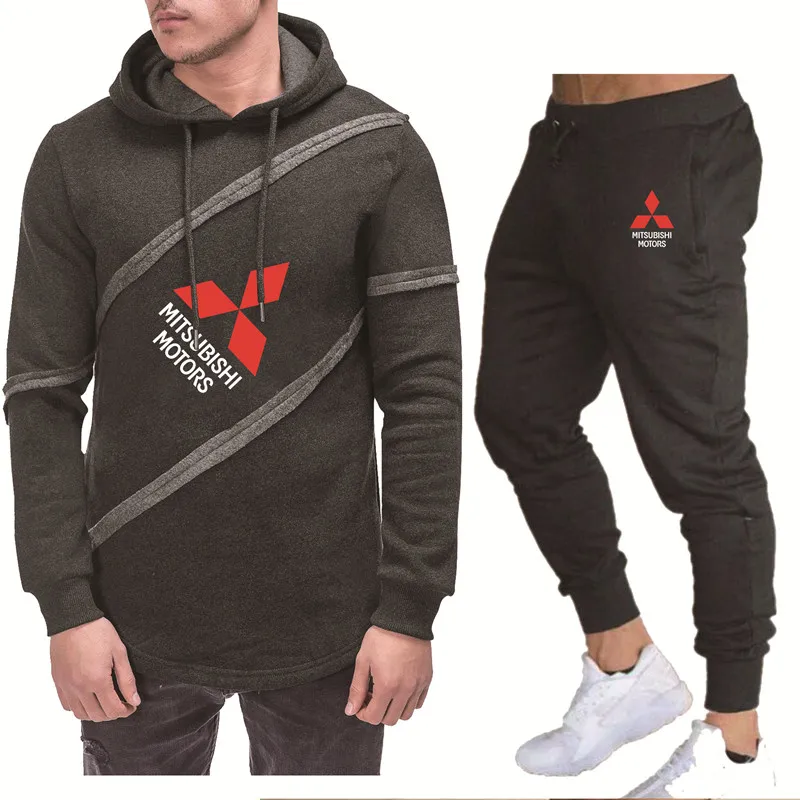 

Spring Autumn Men's pullover Mitsubishi Car Logo Printing Fashion Casual Cotton High Quality Men's hoodie + Pants Suit 2Pcs