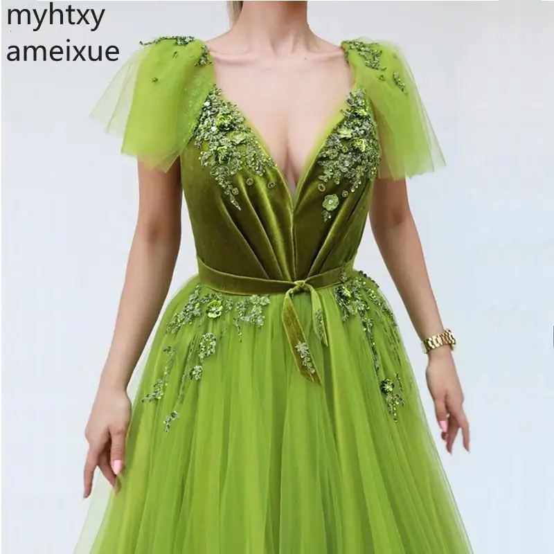 2020 New Hot Arrival Arabic V Neck Plus Size Custom Fresh Green Evening Dress Long Sexy Abiye Formal Dresses Vestidos De Fiesta