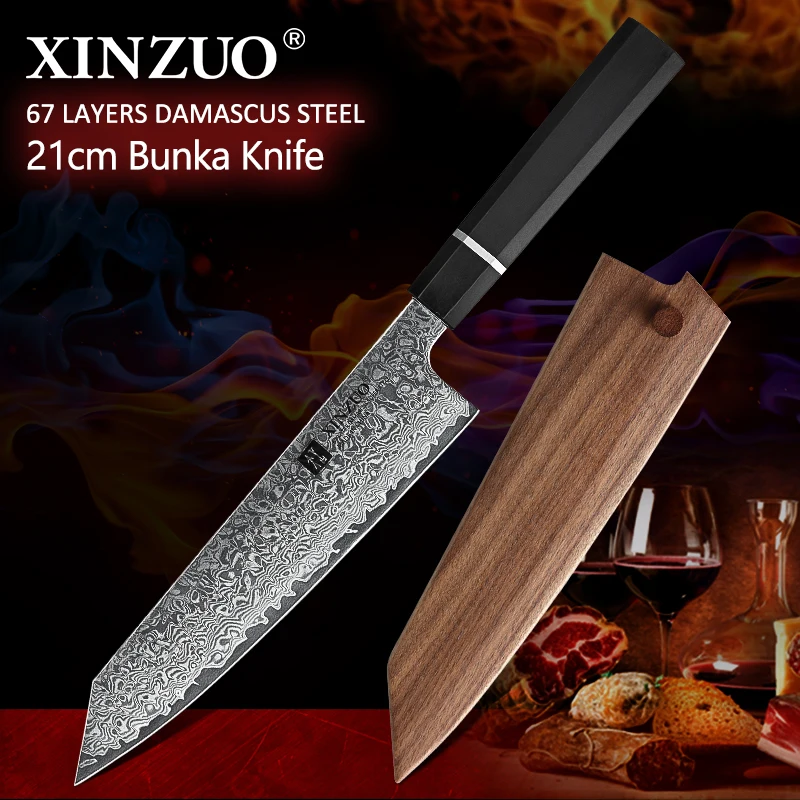 

XINZUO 8.5'' inch Bunka Knife VG10 Japanese Damascus Steel Kitchen Chef Santoku Slicing Knife Cooking Knives with Wooden Sheath