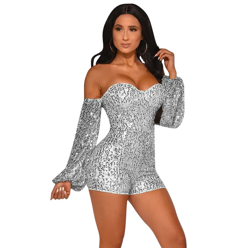 Женский Блестящий комбинезон с длинными рукавами фонариками и блестками