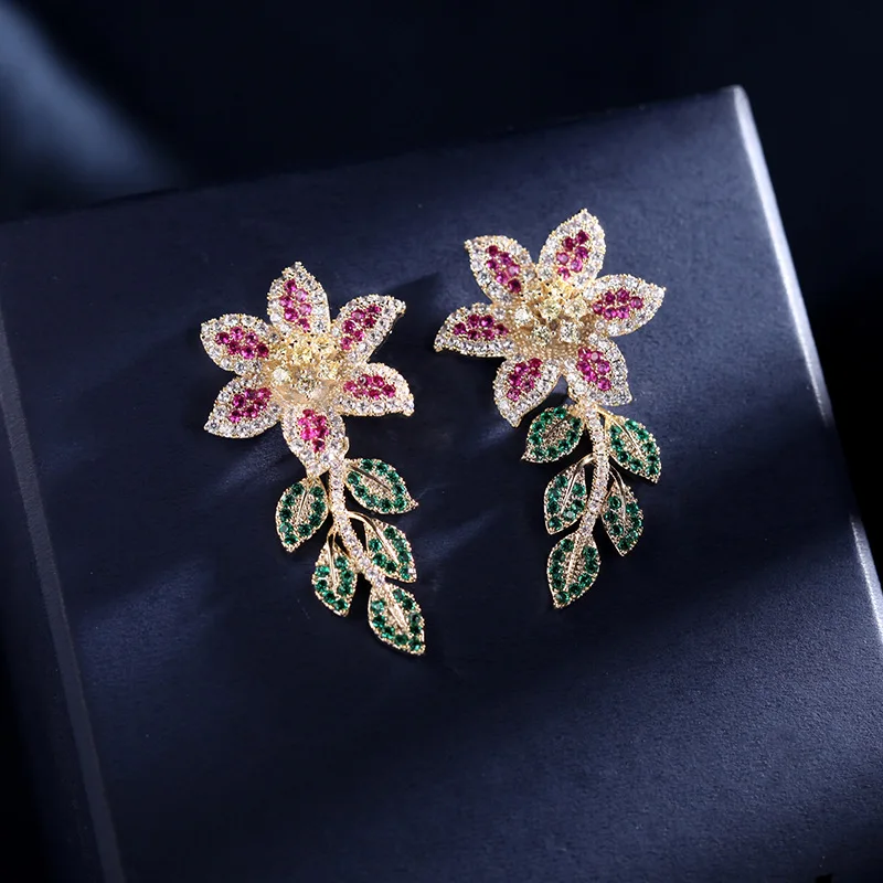 

AJC Women's earrings Korean fashion temperament copper earrings with micro-colored zircon flower earrings