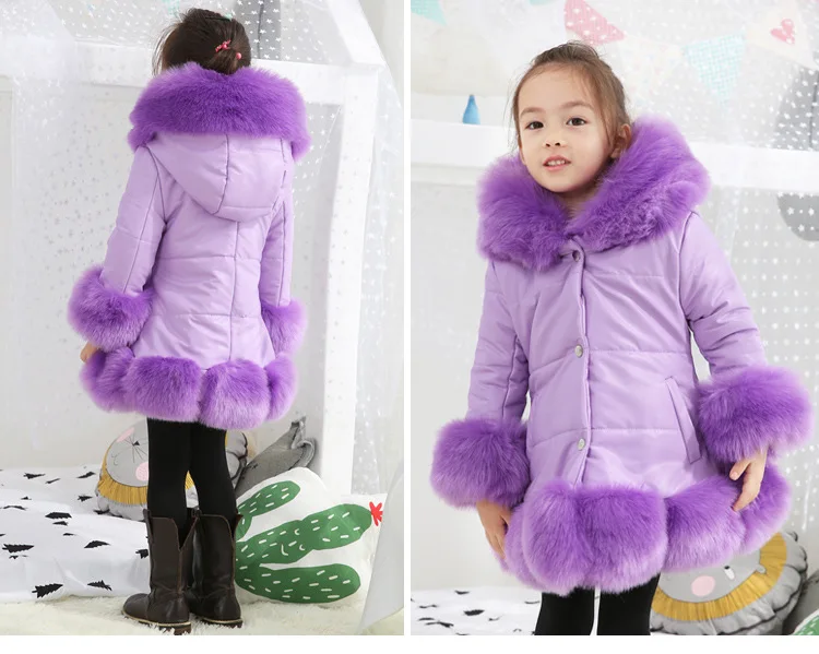 Purple Новая детская верхняя одежда с капюшоном теплые куртки осень-зима пальто из лисьего меха для маленьких девочек детский Рождественский костюм Одежда для девочек от 2 до 10 лет - Цвет: Purple