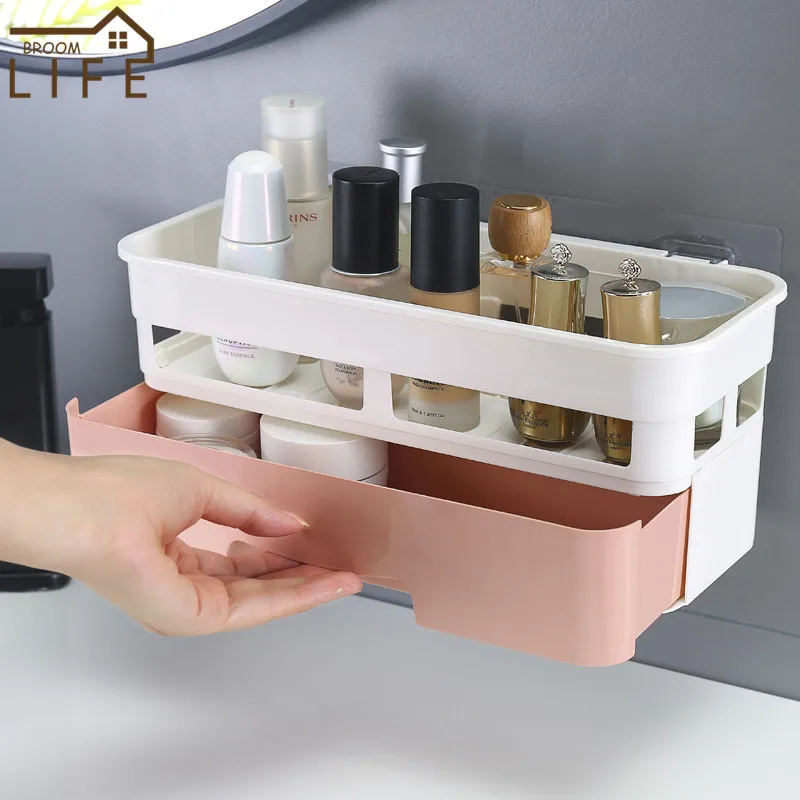 

White Bathroom Floating Shelves Shampoo Rack Wall Mounted Storage Basket Kitchen Organizer with Drawer WC Bathroom Accessories