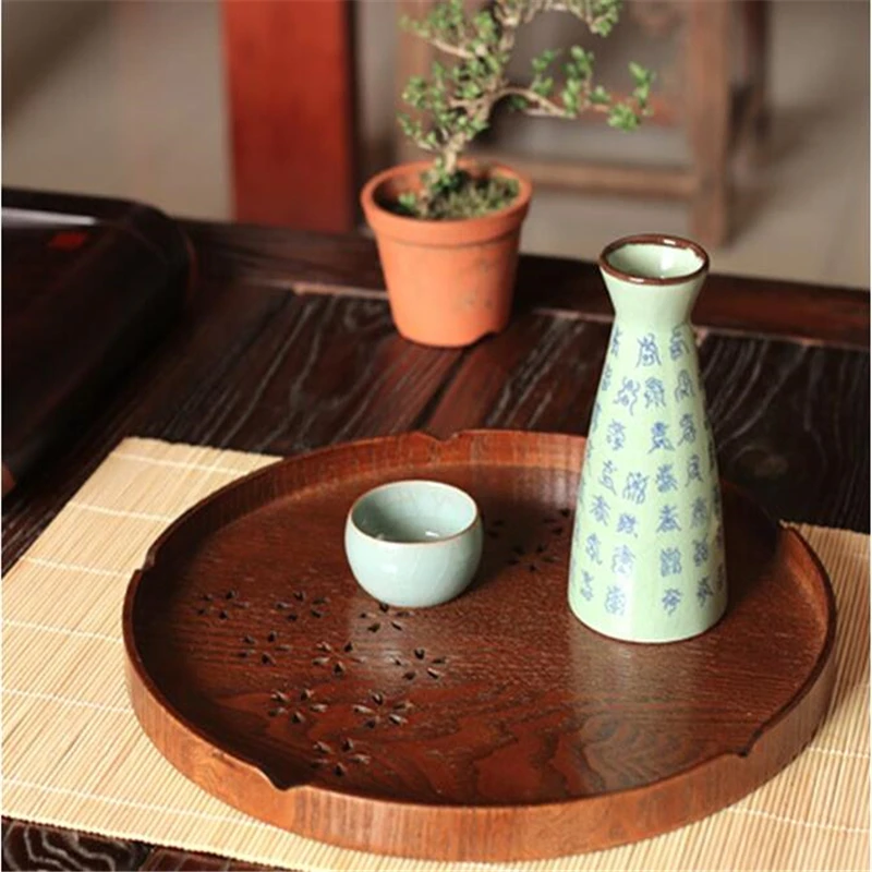 Round Shape Solid Wood Tea Coffee Snack fruit Food Meals Serving Tray Plate Restaurant Trays Kitchen Supply | Дом и сад