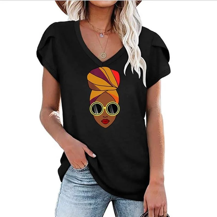 

Summer Women's Petal Sleeve T-shirt Fashion Cartoon Character Printing Women's T-shirt V-neck T-shirt Loose Female Clothing