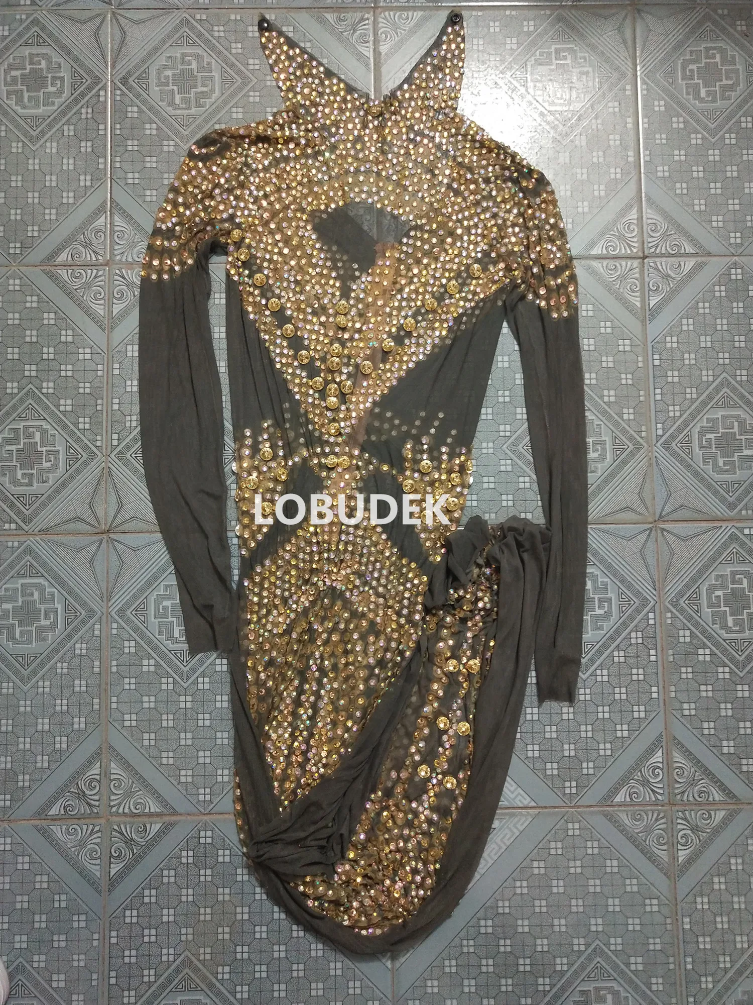 

Women Autumn Mesh Stretch Long Sleeve Gold Rhinestones Long Dress Birthday Party Prom Celebrate Crystals Dresses Stage Costume