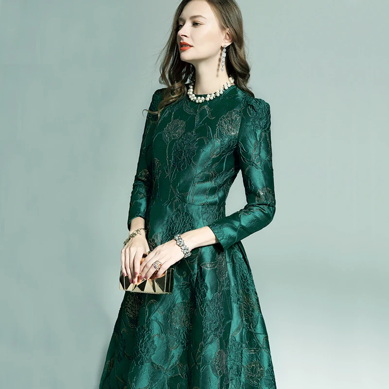 Vestidos женское модное осенне-зимнее платье с длинными рукавами Вечерние Платья с цветочным рисунком элегантное жаккардовое платье в стиле знаменитостей ласточкин хвост платье
