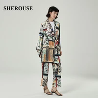2021 new women printed 2 pieces set bow sashes shirt oversized blouse long trousers suit pajamas women outfit pants sets