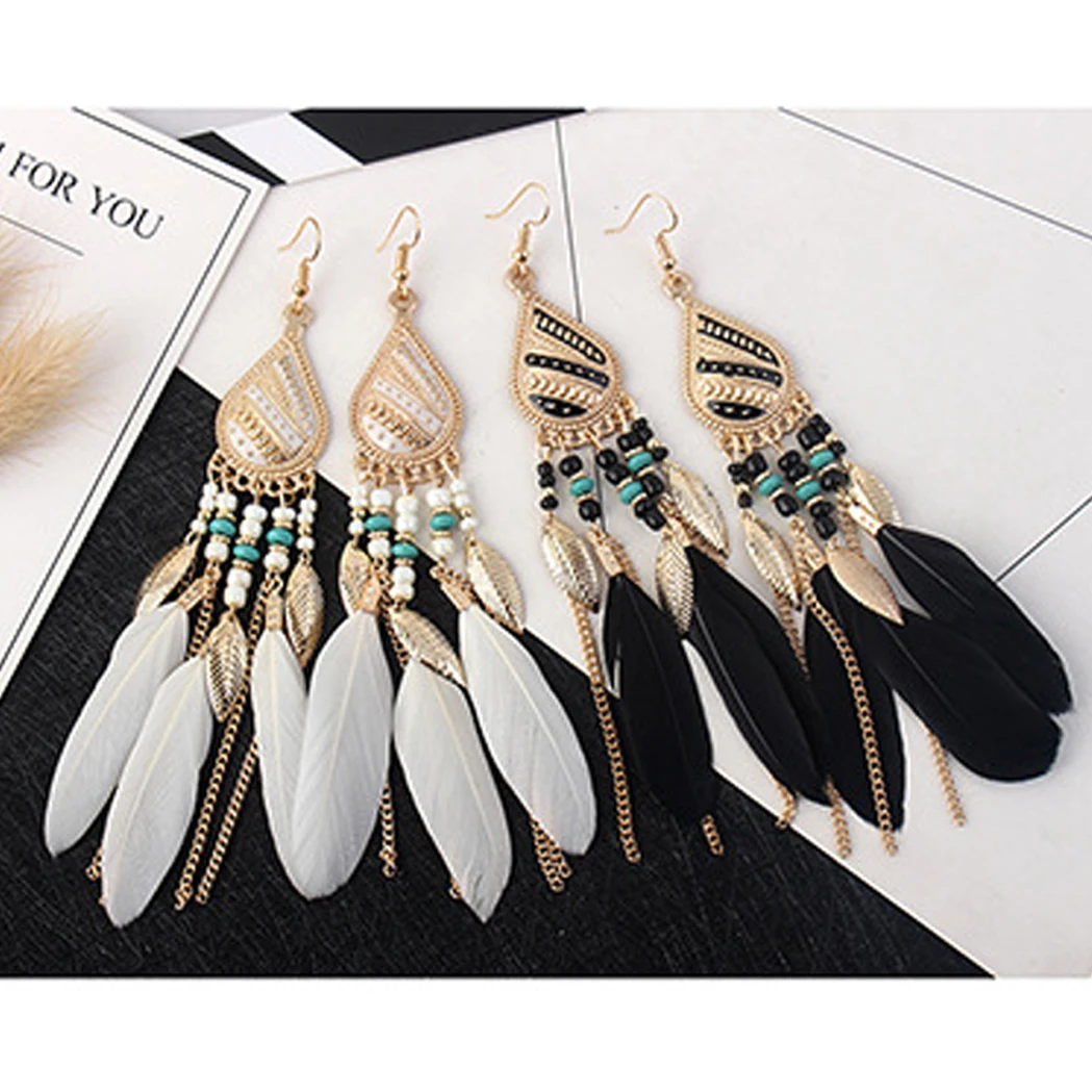 Яркие винтажные богемные серьги в форме капли воды с перьями сказочные индийские