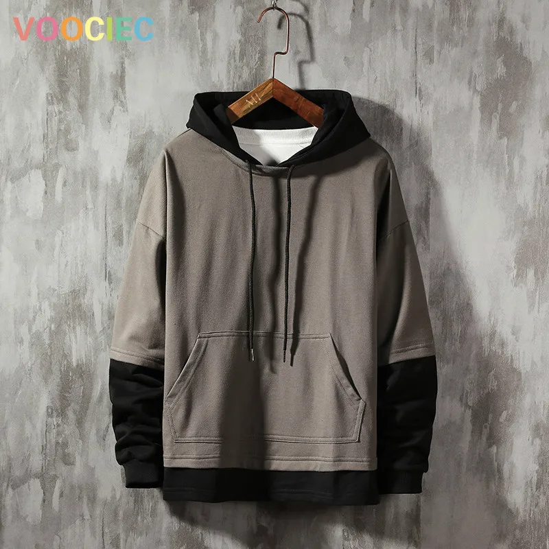 

VOOCIEC 2020 New Men's Hoodies Hip Hop Harajuku Japanese Streetwear White Hoodie Men Plain Patchwork Sweatshirt Male Pullover