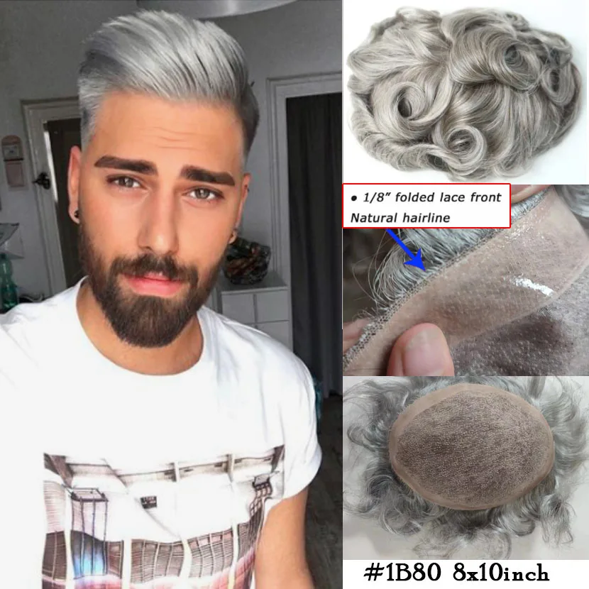 

Серебристо-серые мужские технические волосы #1B80 Poly + моно кружевная основа протез 8x1 0 дюймов Размер