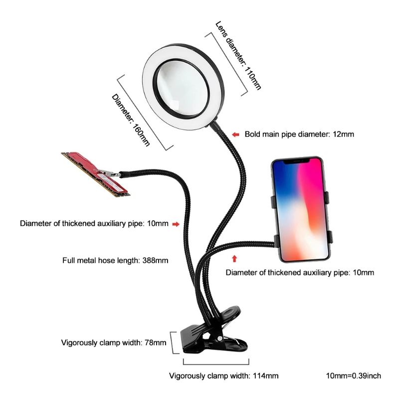

10X LED Lamp 360Flexible Phone Holder Metal Clamp Magnifying Lamp 3 Color Modes Illuminated Magnifier Selfie Ring Light