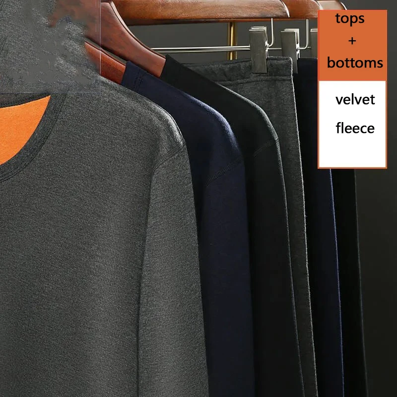 Winter Thermal Underwear Set for Men Cotton Long Johns Pajamas Fleece Pants Thick Warm Tops Thermo Suits Velvet Black Gray 4XL
