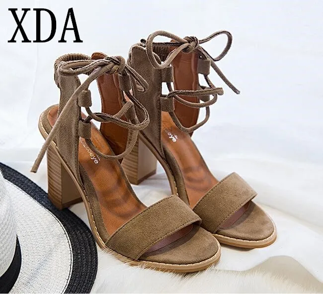 Женские босоножки на толстом каблуке шнуровке с открытым носком туфли лодочки