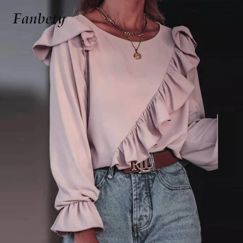 

Women Elegant Solid Ruffles Blouse Shirt Autumn Long Puff Sleeve O Neck Pullover Tops Office Ladies Loose Plus Size Shirt Blusas