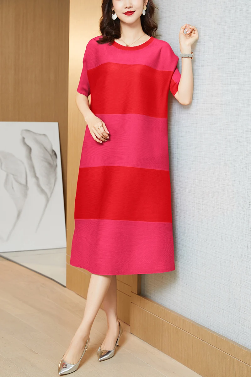 

Women Long Dress Summer 2021 New Office Lady Short Sleeve Solid Batwing Sleeve Pleated O-Neck Straight Rose Navy Black Dresses