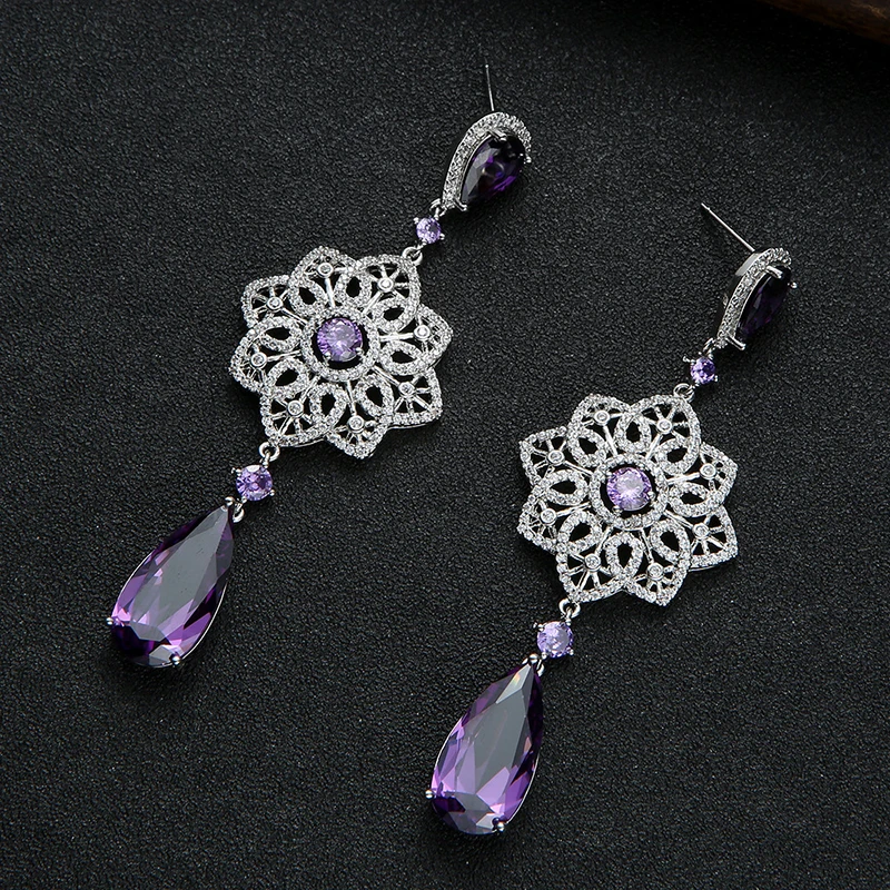 

Palace Vintage Pink Zircon Flower Water Drop Tassel Earrings 925 Silver Needle 210319-75