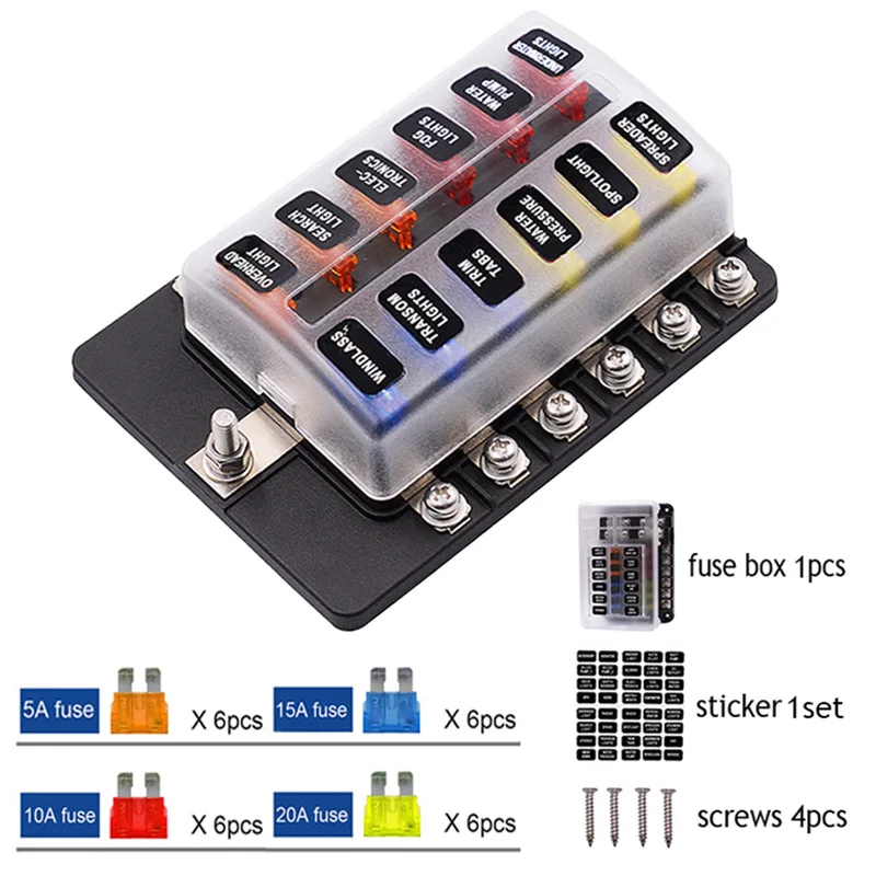 

12V 24V Car Blade Holder Fuse Box 12/10/8/6 Ways Modified Terminal Block Fuse with LED Warning Light for Car Boat Marine Trike