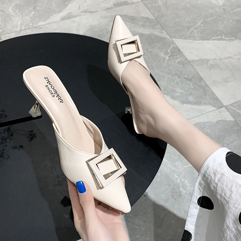 Мюли женские на высоком каблуке пикантные туфли заостренный носок пряжка