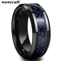 8mm black tungsten wedding ring for men women blue carbon fiber black dragon inlay with comfort fit engagement band