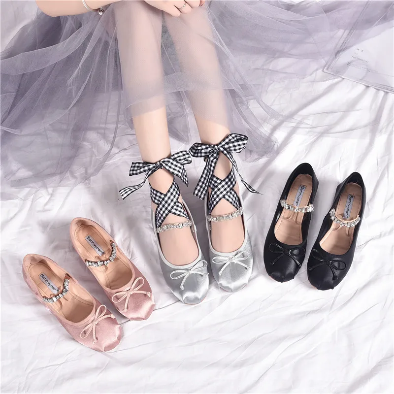 Mary Janes ladies single shoes brand glitter crystal bowknot silk moccasins retro cross-tied women flats ballerinas loafer | Обувь