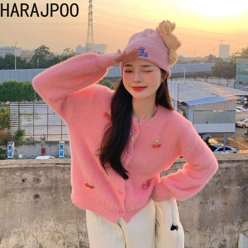 

Свитер Harajpoo женский розовый вязаный осенне-зимний Корейский Новинка 2021 просторный милый Повседневный Кардиган с вышивкой и длинным рукаво...