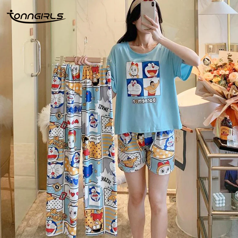

Tonngirls 3pcs Doraemon Pyjamas Women Nightwear Short Sleeve Cartoon Sleepwear Set Sweet Kawaii Night Wear Fashion Spring Summer