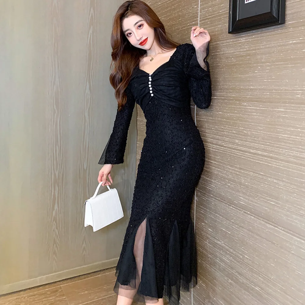 

Japanese Korean Version Women's Dress Mermaid Fashion Temperament Elegant Draw Back Solid Color V-neck Long Sleeve
