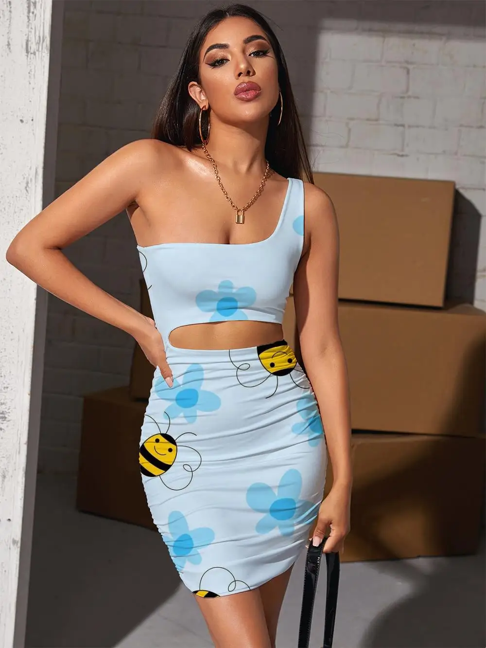 

Giyu Brand Bee Dress Women Animal Bodycon Dress Lovely 3d Print Flower Pleating Womens Clothing Summer New Beach High Quality