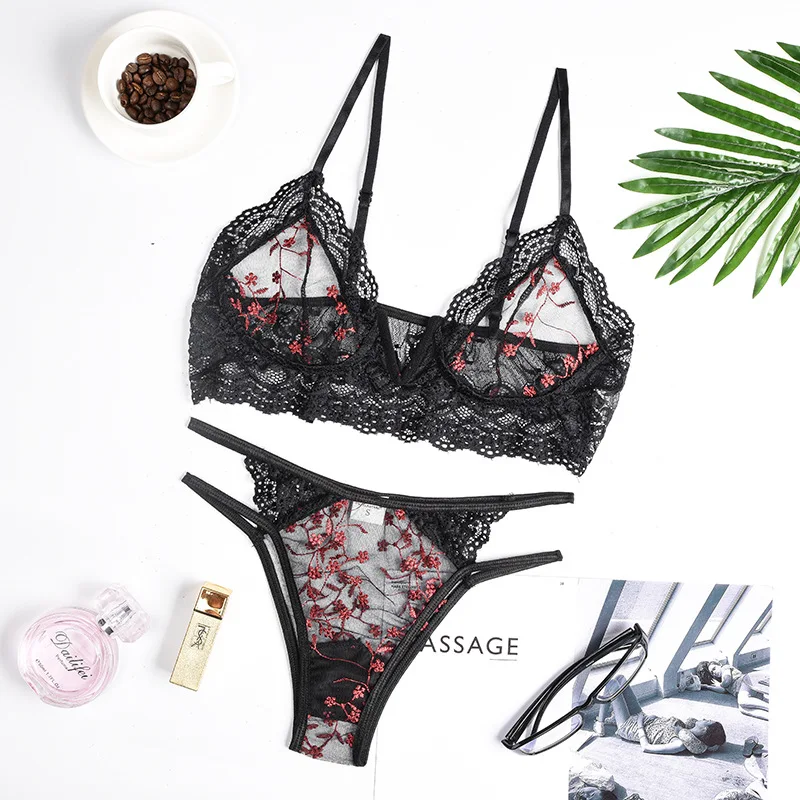 

See Through Bra and Panty Set Women Sexy Underwear Nightwear 2 Piece Floral Embroidery Lingerie Lace Transparent Open Cup Sets