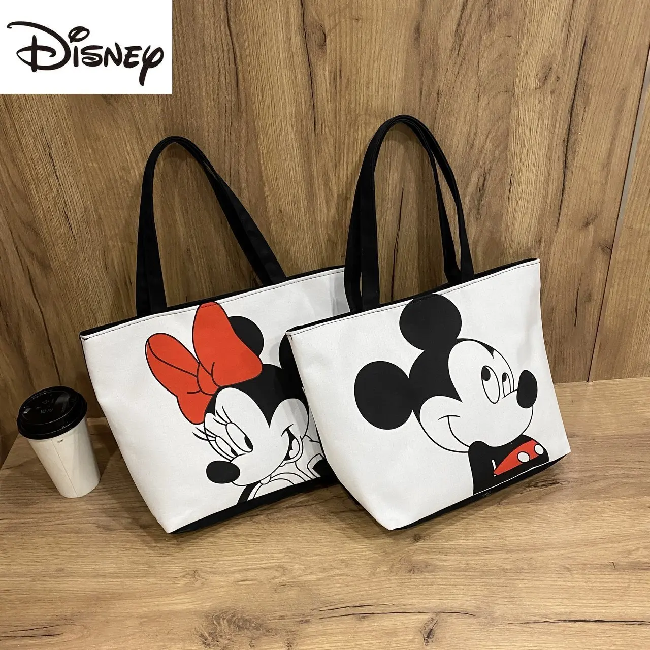 

2021 New Disney Minnie Lady Shoulder Bag Large Capacity Mickey Fashion All-match Zipper Canvas Handbag Cartoon Cute Shopping Bag