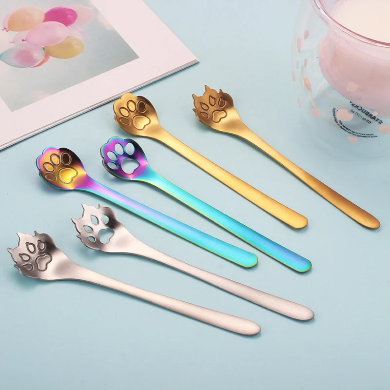 

1pc Cute 304 Stainless Steel Coffee Cat Dog Paw Stirring Dessert Spoon Long Handle Tableware Kitchen Accessories