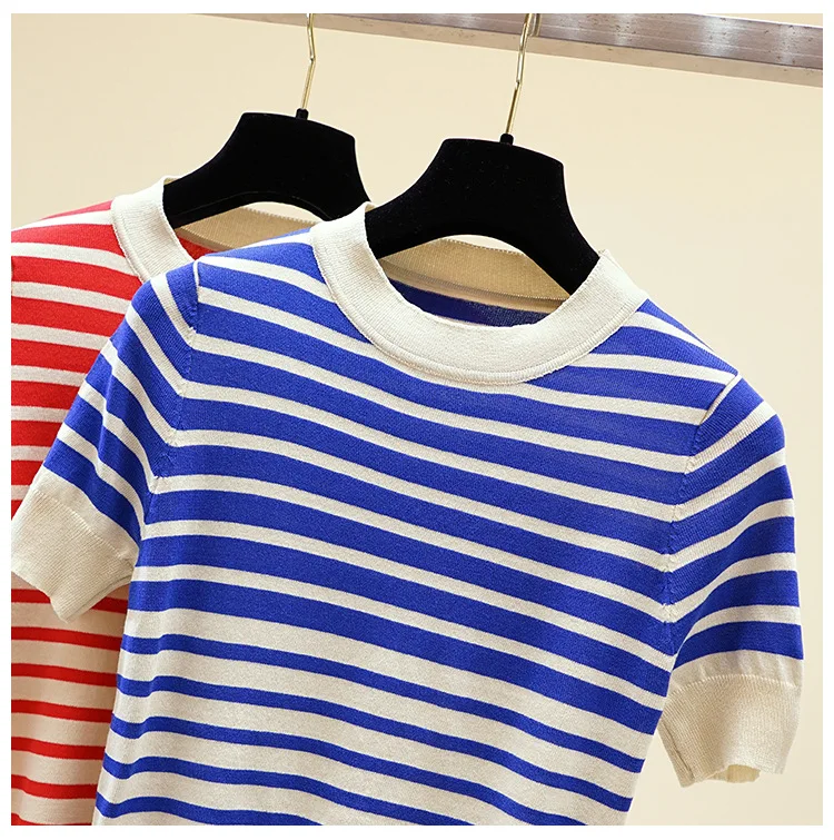 

HLBCBG Thin Knitted T Shirt Women Clothes 2021 Summer Woman Short Sleeve Tees Tops Striped Casual T-Shirt Female Tshirt