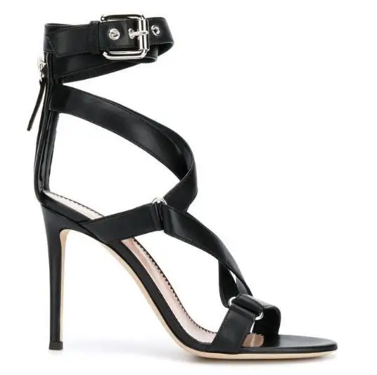 Harga Dipsloot Baru Hitam Leopard Wanita Renda Gesper Logam Sandal Wanita Seksi Ritsleting Belakang Tumit Tinggi Roma Sandal Sepatu