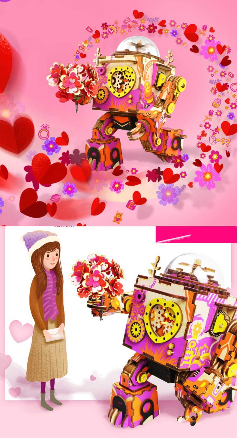 Diy Music Box Three-Dimensional Puzzle Wooden Toy Creative Space Series Model Robot Music Box Gift Double Color Optional