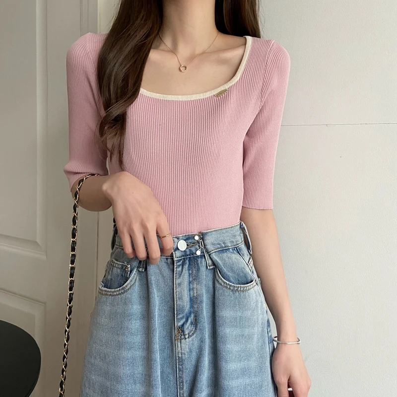 

Summer Ice Silk Knitted Sweater Women Short Sleeve O-Neck T-Shirt Female 2021 New Korean Thin Slim Top Tee Cotton Tshirt Girls