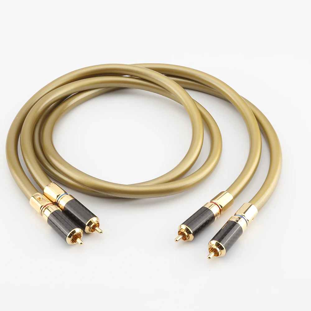 Par de cables RCA de alta calidad, Hifi, Audio, Hexlink, Golden 5-C, con conector de fibra de carbono