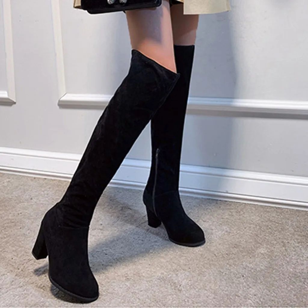 Высокие сапоги из эластичной ткани и замши женские модные зимние выше колена на