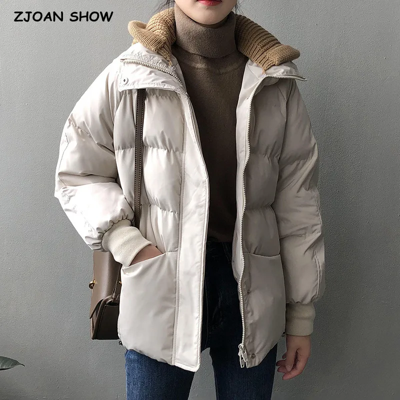 Women Winter Jacket Streetwear Removable Hat Collar Zipper Straight Padded Coat Warm Femme Parka Solid Color Korea Clothing
