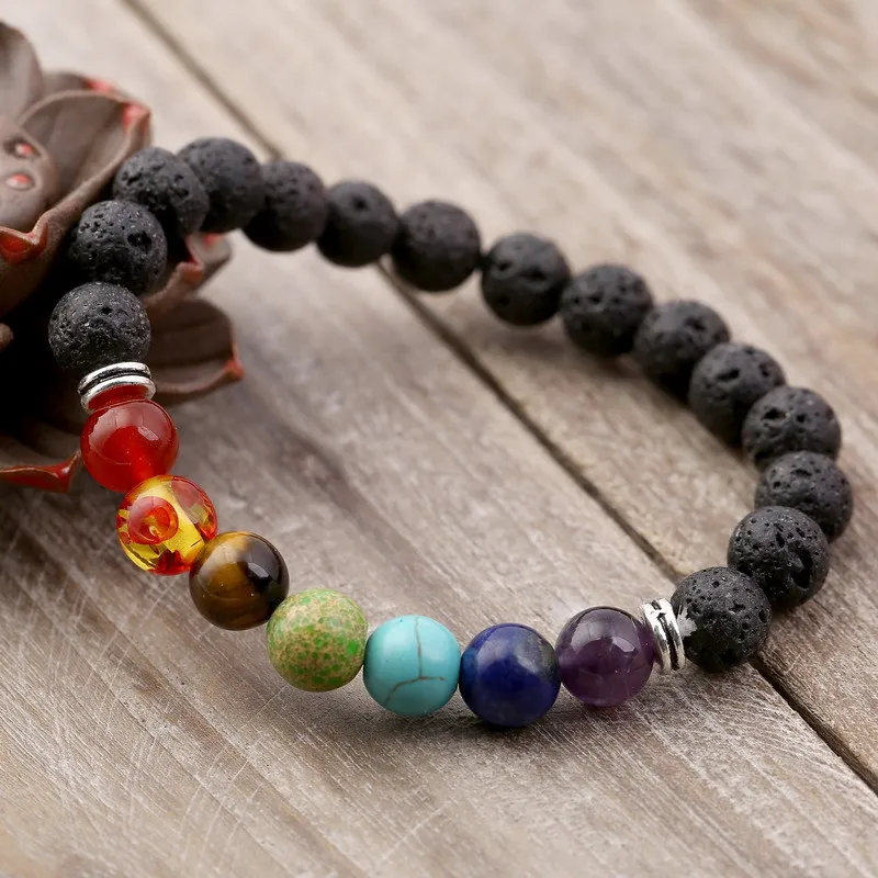 7 Chakra Healing Beaded Bracelet For Women Natural Lava Stone Diffuser Bracelets Yoga Reiki Prayer Hand-Made Jewelry | Украшения и