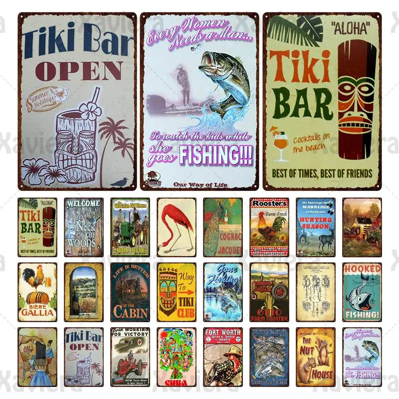 

Vintage Metal Poster Farm Tractor Chicken Fishing Metal Tin Signs Retro Wall Art Iron Plaques Farmhouse Man Cave Tiki Bar Decor