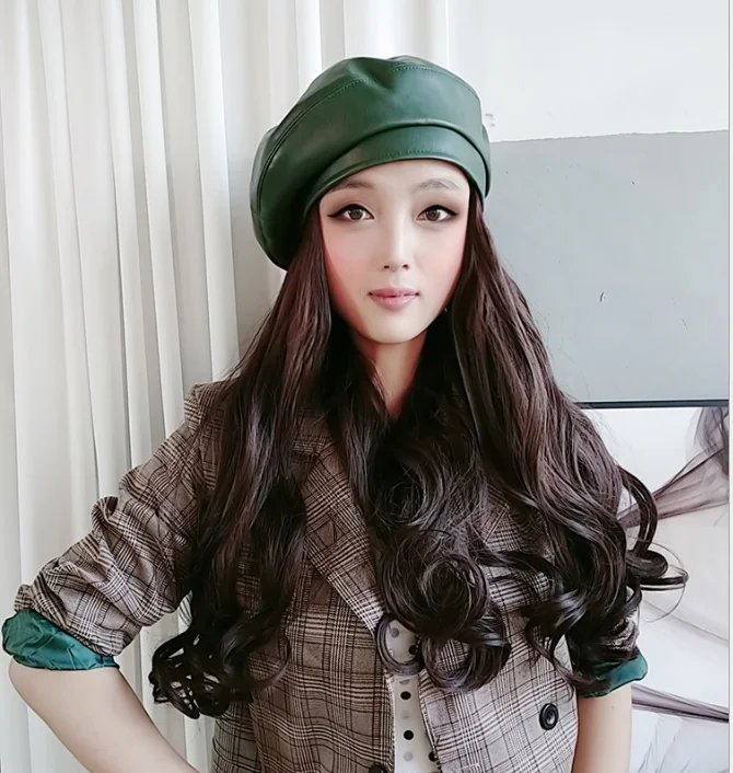 Beret Women Spring  Autumn Wig Hat Detachable Large Wave Long Hair Wool Foll Integrated Large Head Circumference Fashion Green