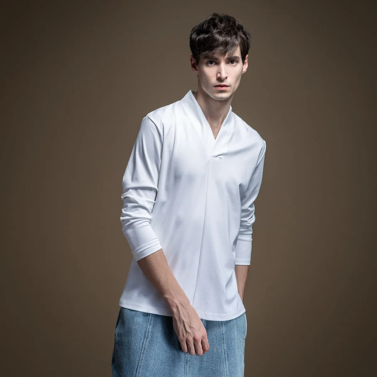 

PINLI 2020 Spring New Slim-fit V-neck Elastic High Quality Solid Color Men's Casual Long-sleeved T-shirt Men's Shirt B201111253